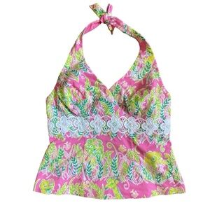 Lilly Pulitzer Millionaires Row Print Pink Halter Top Vintage White Tag - Size 6